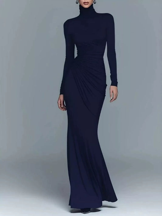 Turtleneck Long-Sleeve Ruched Maxi Dress - Dark Blue - View 2