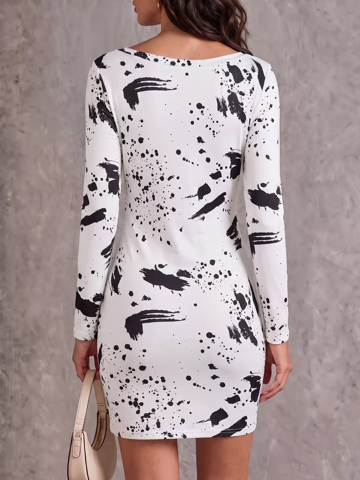 One-Shoulder Long Sleeve Paint Splatter Bodycon Mini Dress - White - View 10