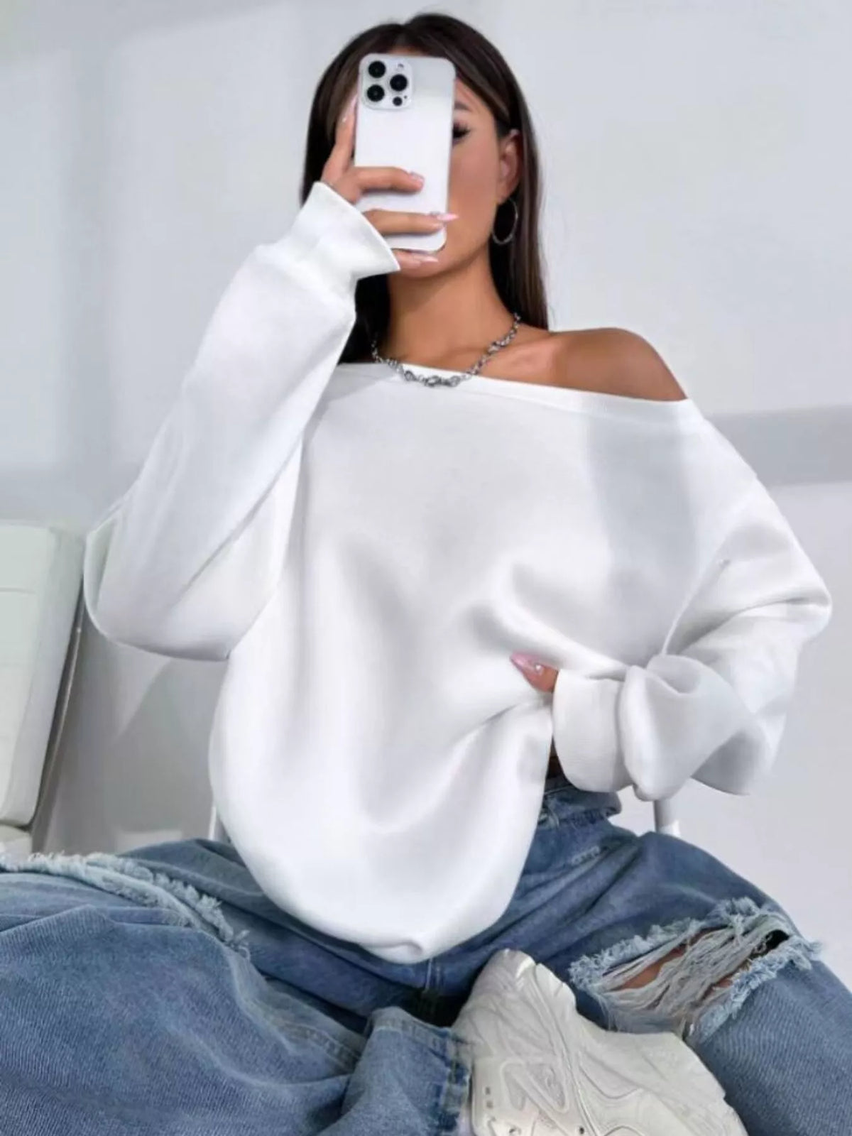 One Shoulder Dropped Shoulder Sweatshirt - White - View 2
