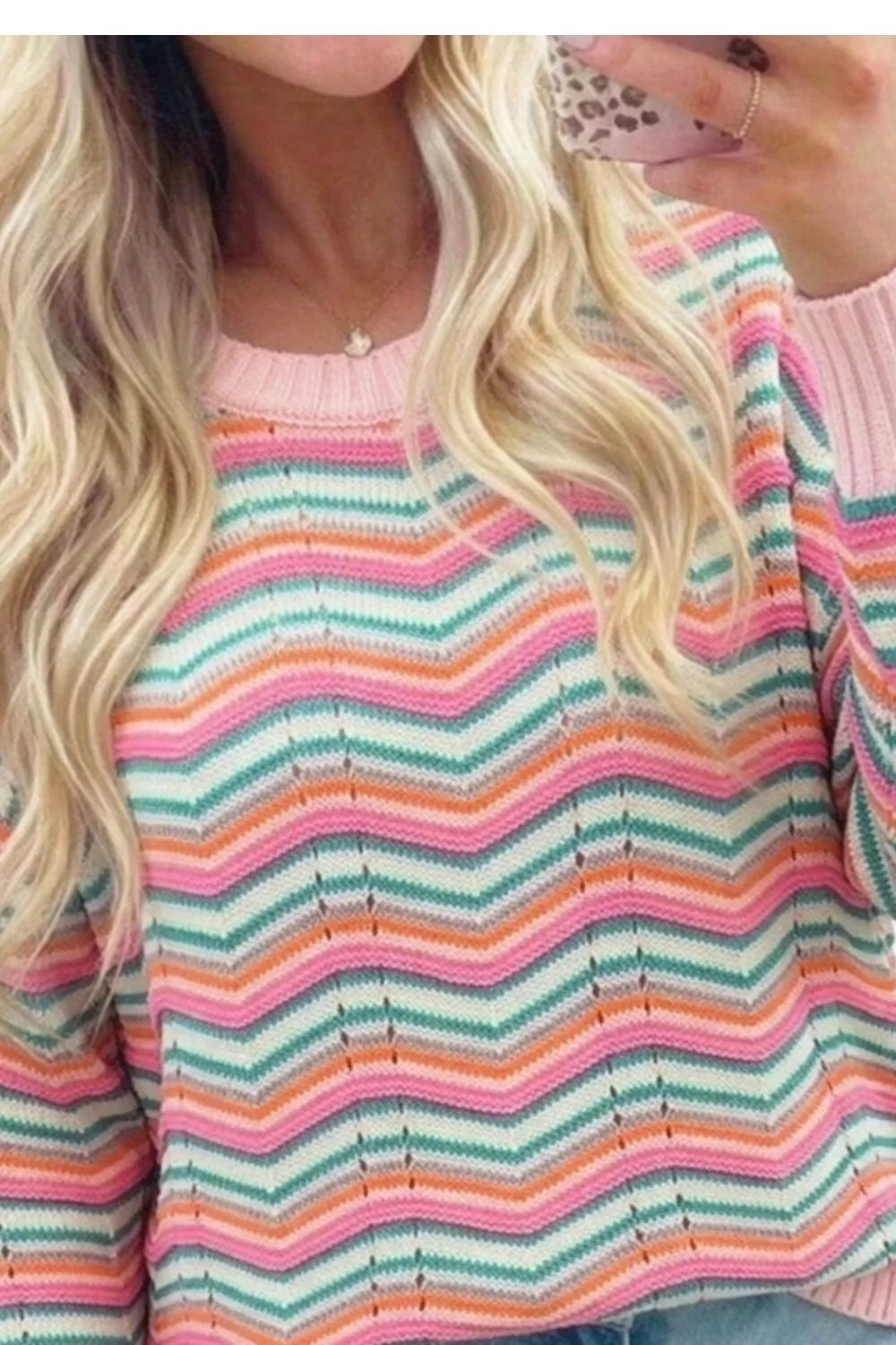 Chevron Striped Knit Sweater - Dusty Pink - View 3