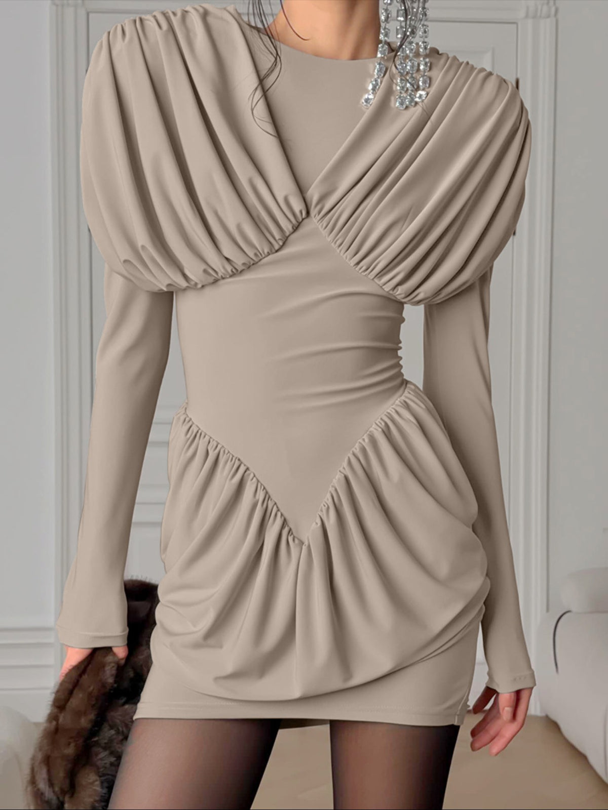 Ruched Long Sleeve Bodycon Mini Dress - Khaki - View 1