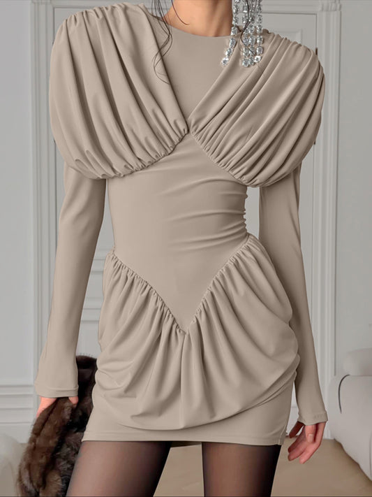 Ruched Long Sleeve Bodycon Mini Dress - Khaki - View 1