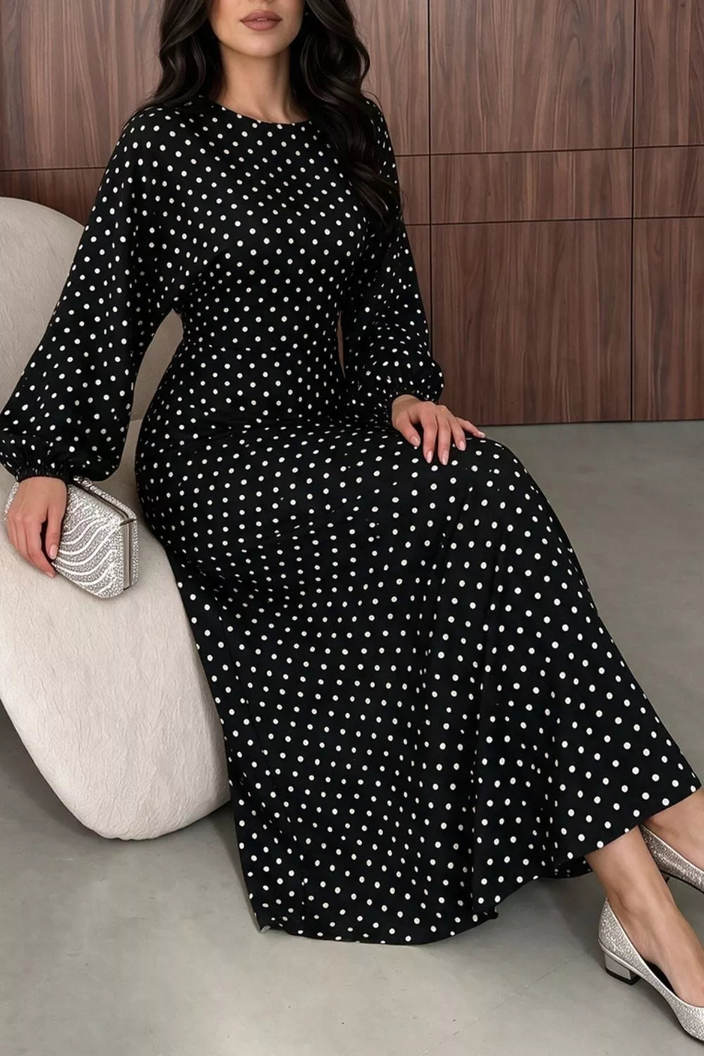 Polka Dot Long Sleeve Maxi Dress - Black - View 4