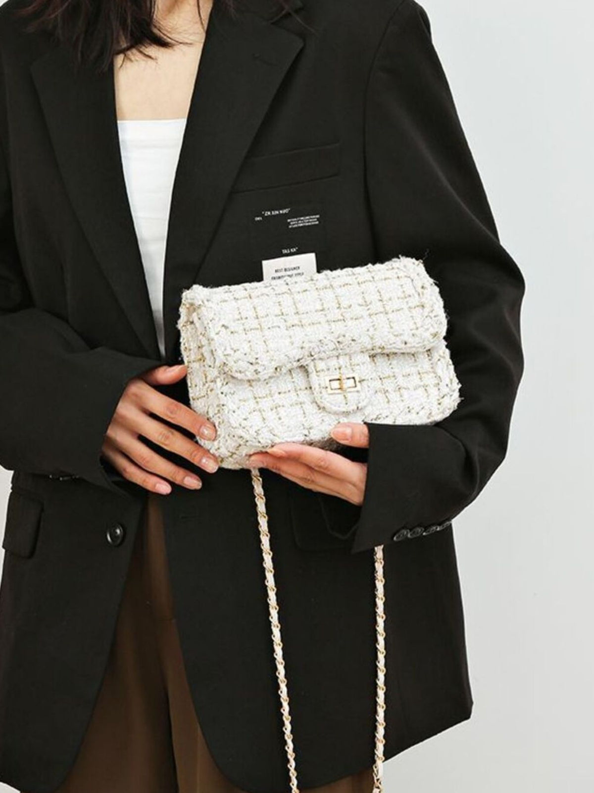 Tweed Chain Shoulder Bag - White - View 7