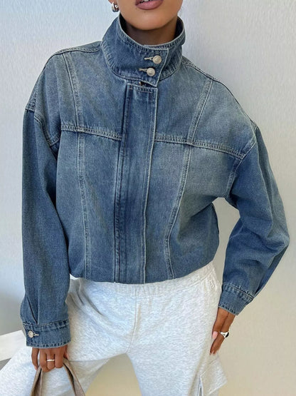 Washed Stand-Up Collar Denim Jacket - Blue - View 1