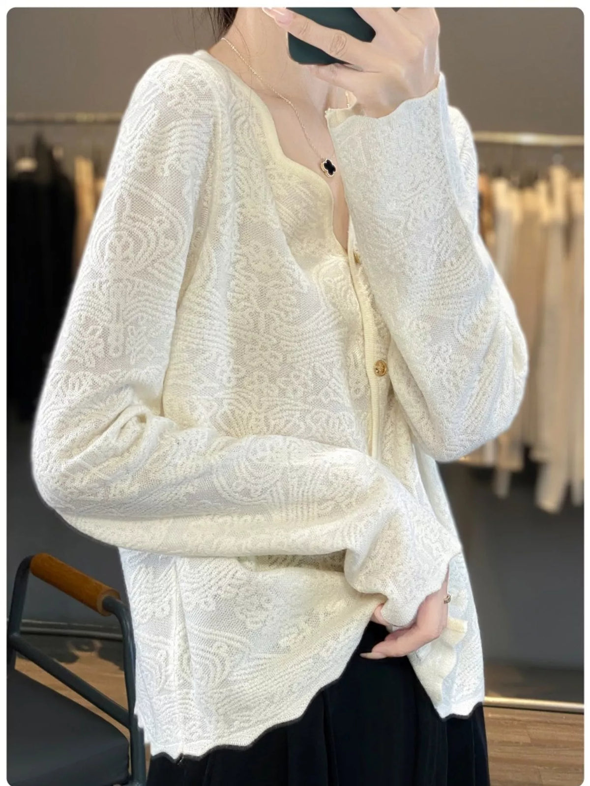 Lace V-Neck Cardigan - Apricot Beige - View 4