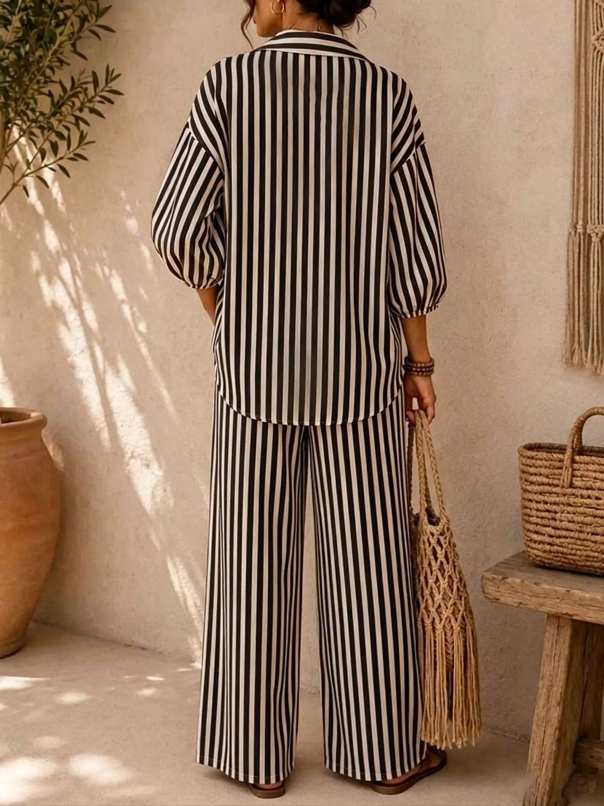 Full Size Striped Relaxed Fit Shirt and Wide-Leg Pants Set Plus Size - Black - View 2