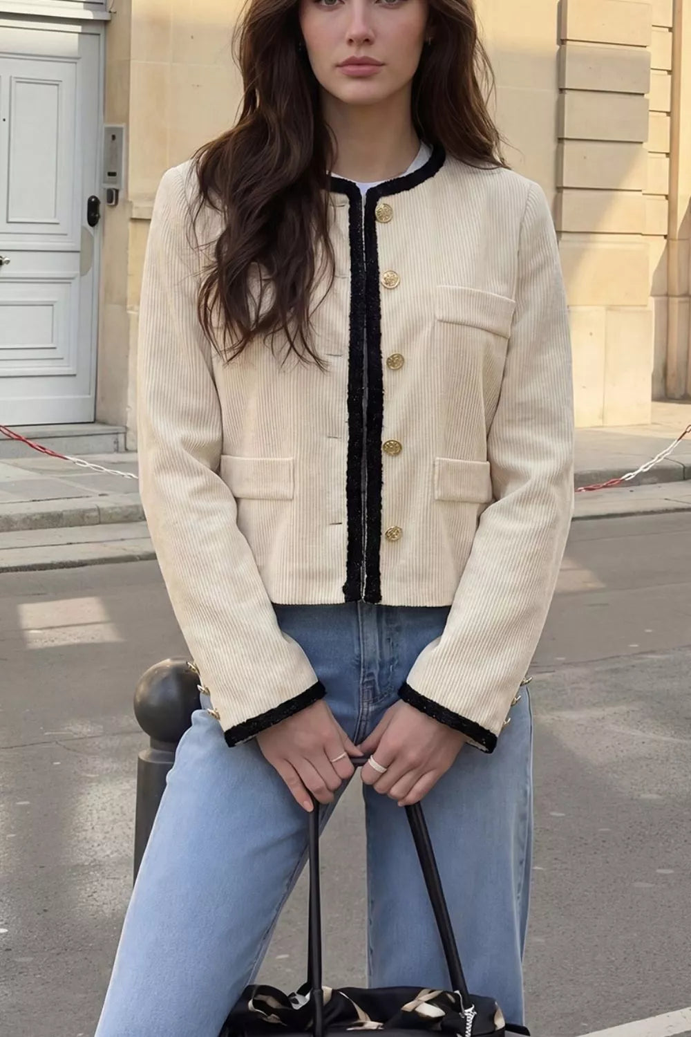 Contrast Trim Cropped Outerwear - Beige - View 2