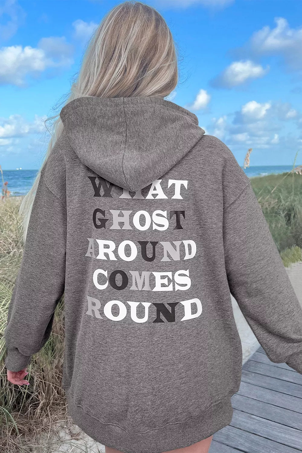 Halloween Ghost Print Mineral Wash Oversize Hoodie - Dark Gray - View 2