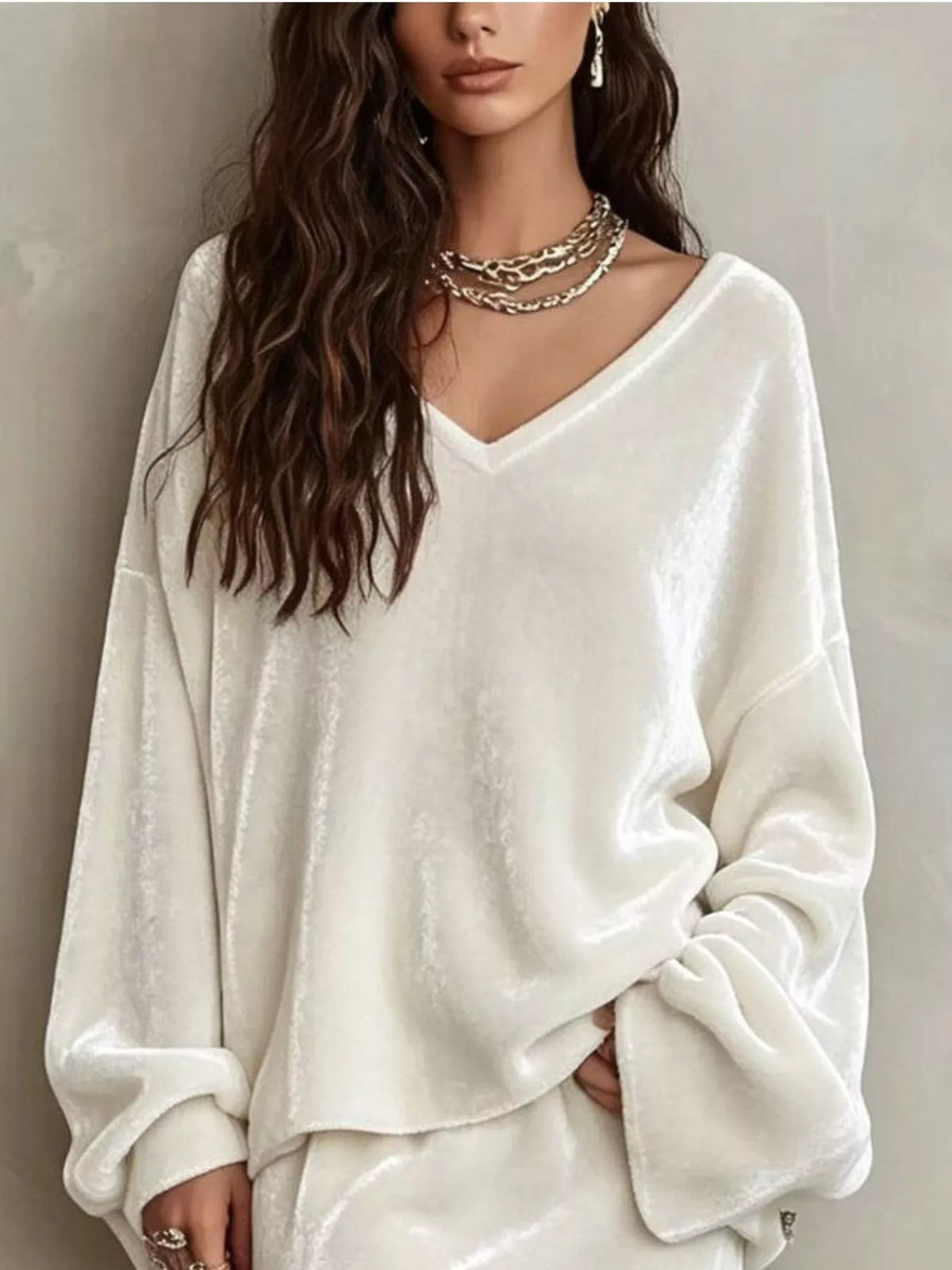 V-Neck Velvet Long Sleeve Top and Maxi Skirt Two-Piece Set - White - View 2