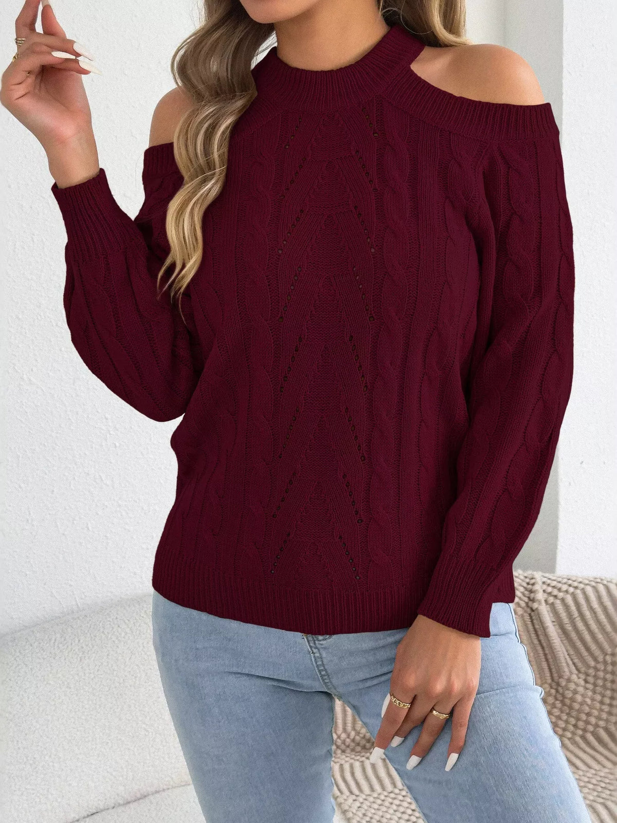 Cold Shoulder Cable Knit Sweater - Burgundy - View 5