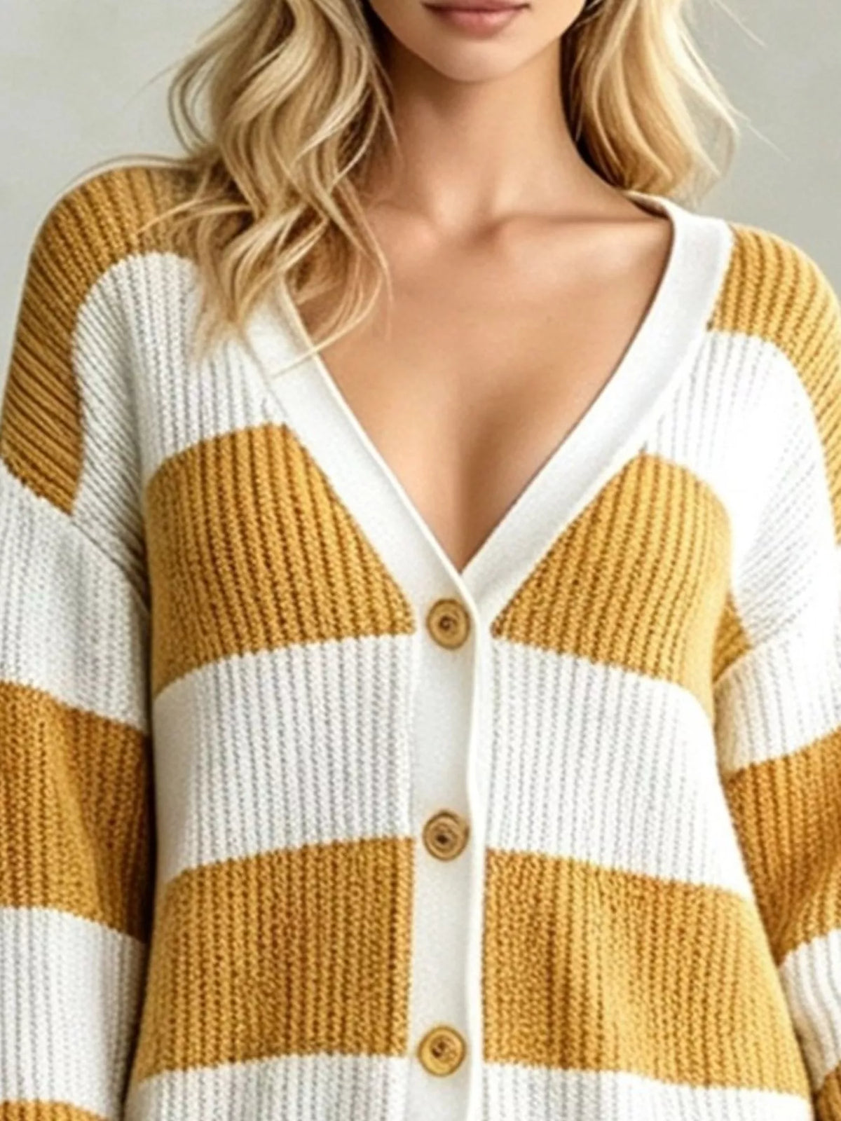 Striped V-Neck Button-Down Cardigan - Sherbet - View 3