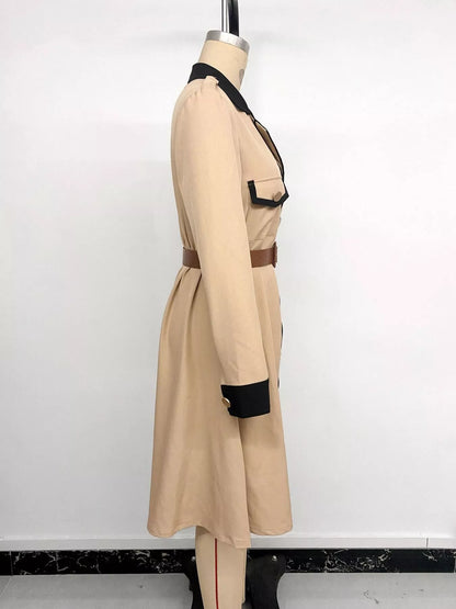 Contrast Lapel Button Front Midi Shirt Dress - Khaki - View 14