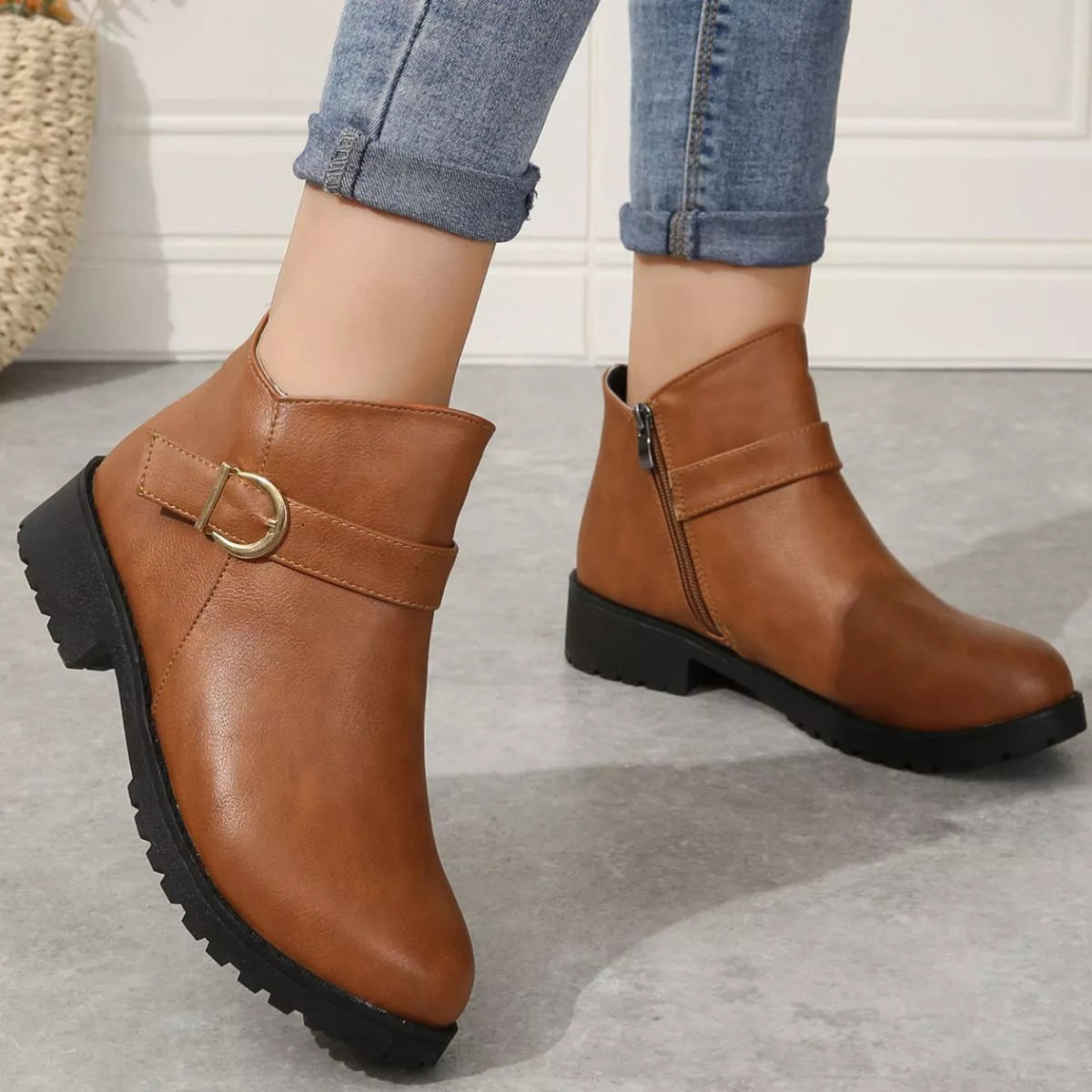 Round Toe Block Heels Boots - Yellowish Brown - View 8