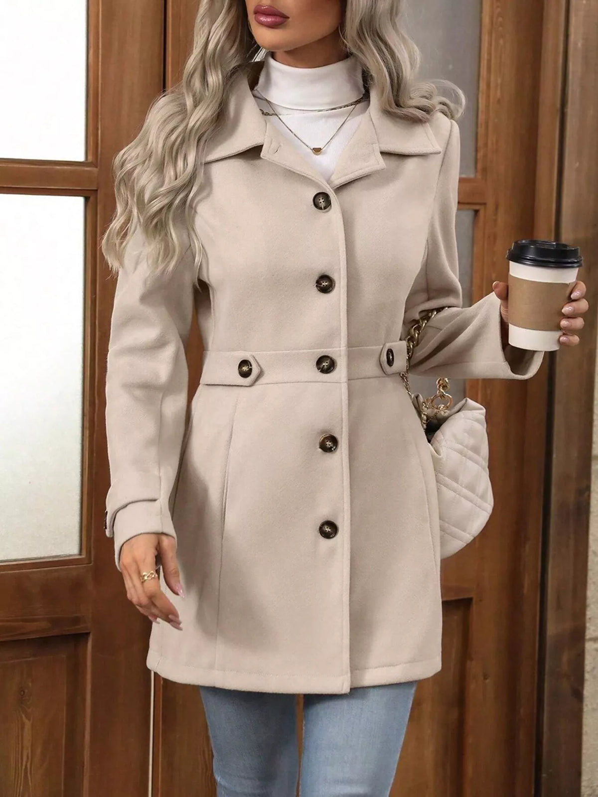 Single-Breasted Long Sleeve Coat - Apricot Color - View 2