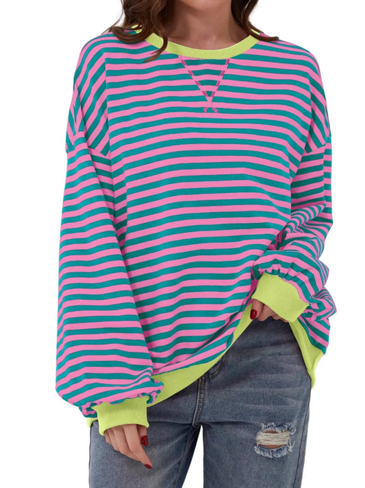Striped Contrast Trim Oversized Sweatshirt - Pink - View 1