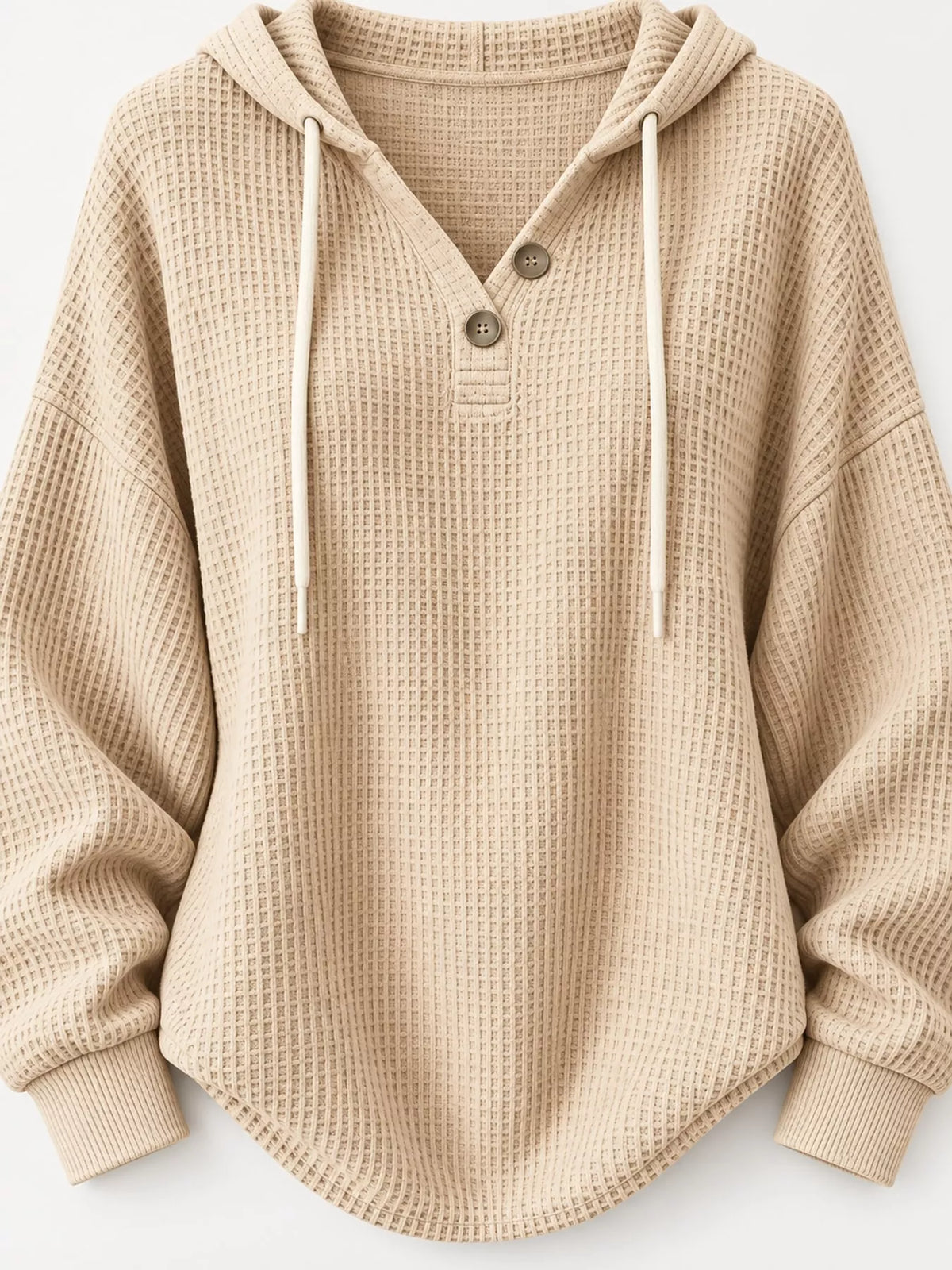 Full Size Waffle Knit Button Detail Hoodie Plus Size - Apricot Color - View 53