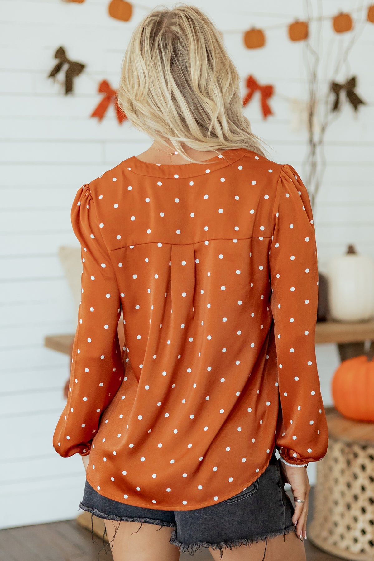 Brown Polka Dot Half Button V Neck Long Sleeve Blouse - product photo 9