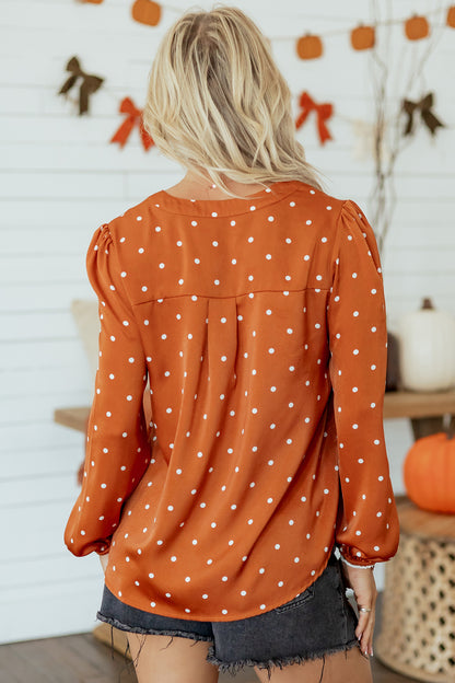Brown Polka Dot Half Button V Neck Long Sleeve Blouse - product photo 9