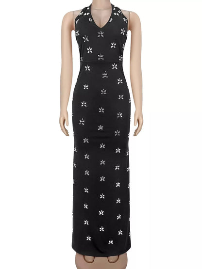 Floral Halter Neck Maxi Dress - Black - View 8