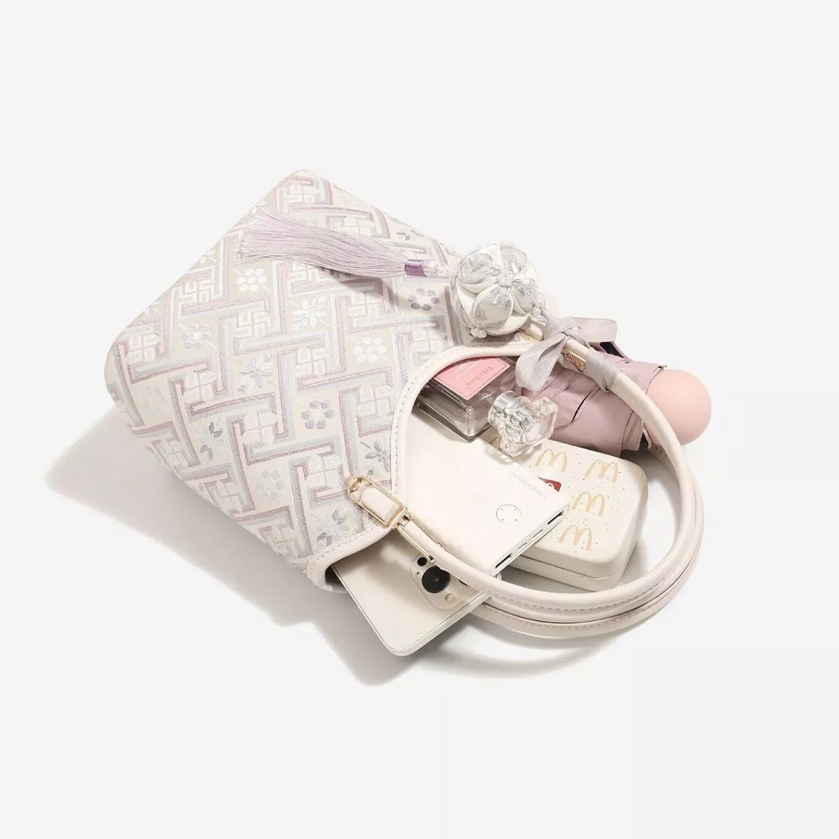 Geometric Pattern Handbag - Beige - View 5