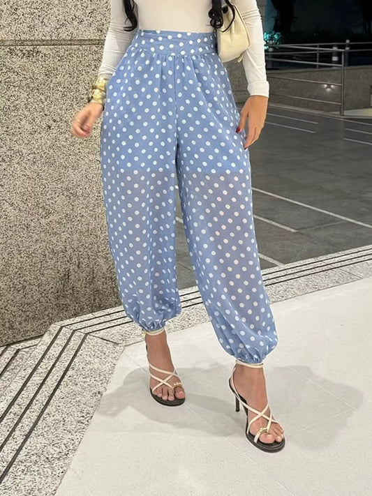 Polka Dot Wide Leg Pants - Blue - View 1