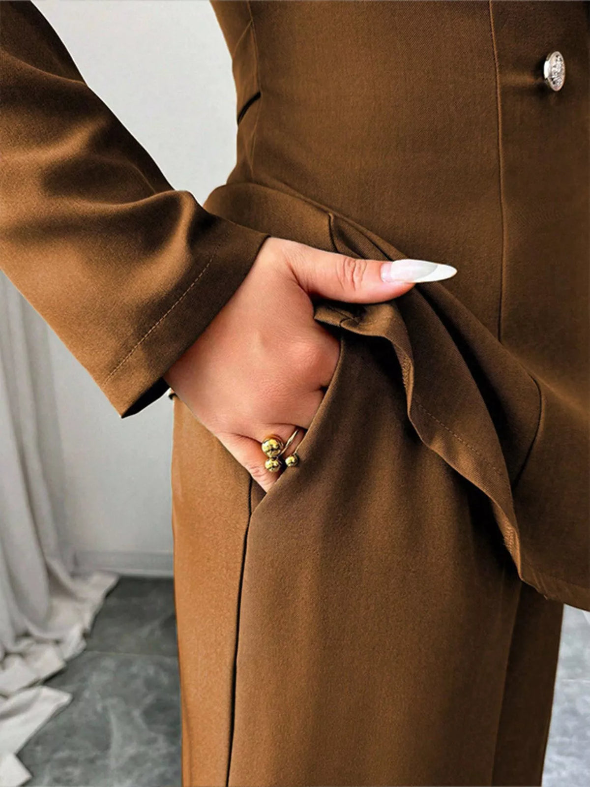 One Button Blazer and Pants Set - Brown Color - View 17