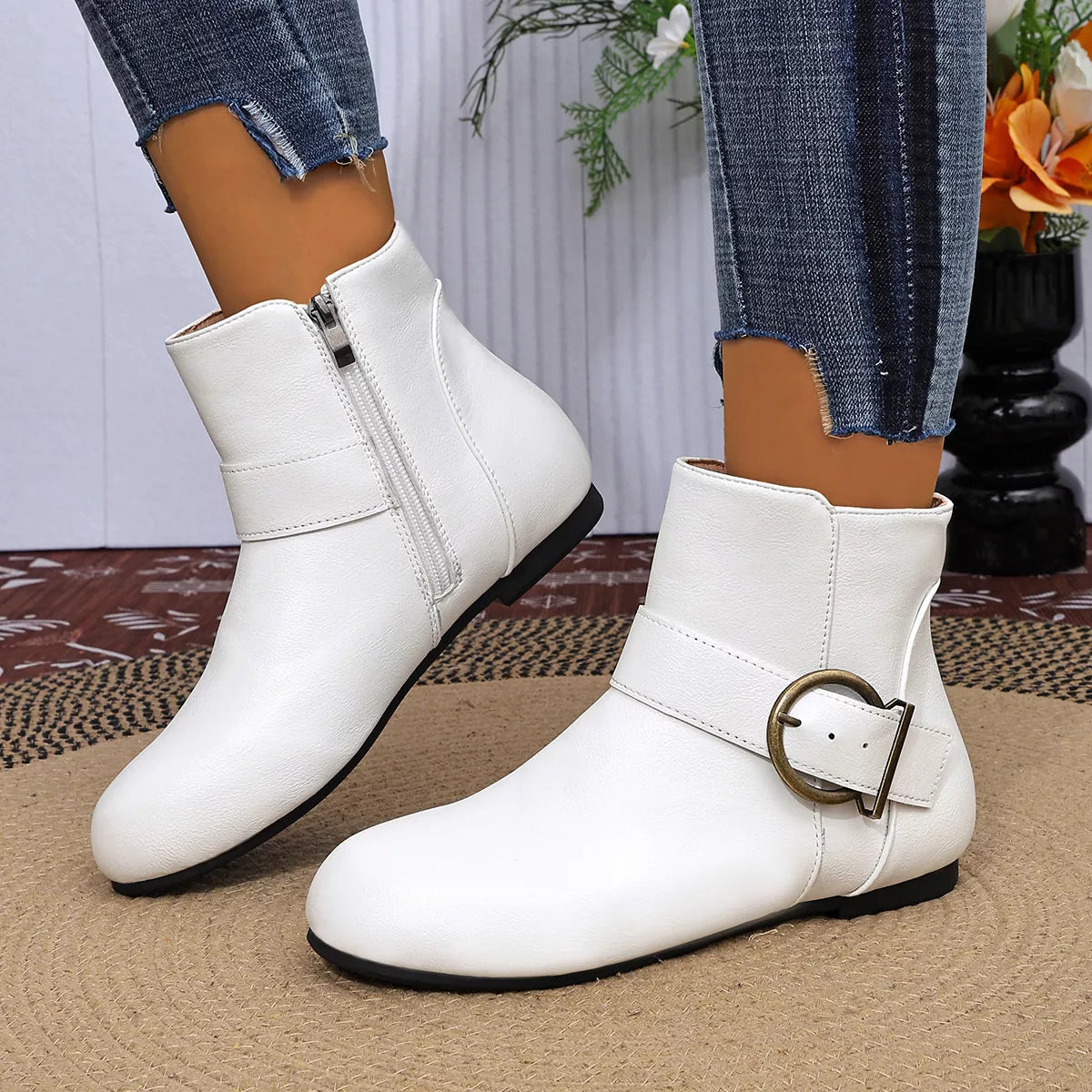 Round Toe Ankle Boots - White - View 5
