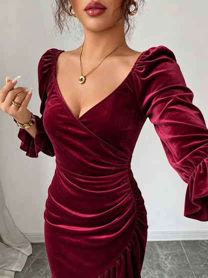Velvet Ruched Ruffle Hem Midi Dress - Burgundy - View 2