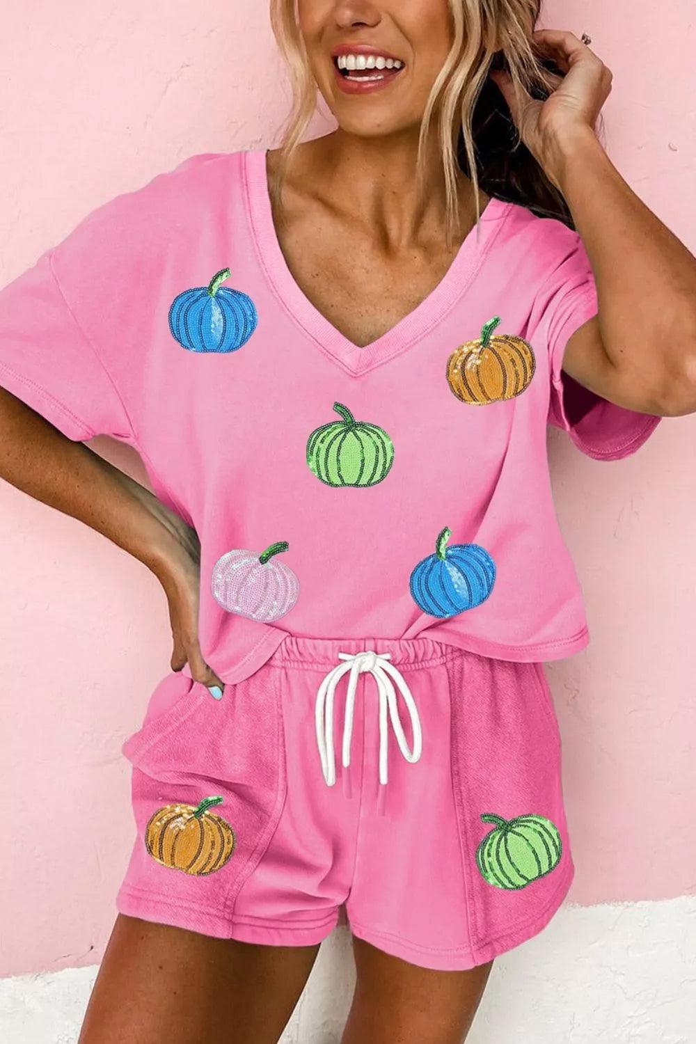 Sequin Halloween Pumpkin Pattern V Neck Tee and Drawstring Bottoms Casual Set - Fuchsia Pink - View 3