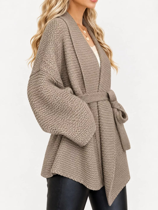 Full Size Belted Open-Front Knit Cardigan Plus Size - Khaki - View 2