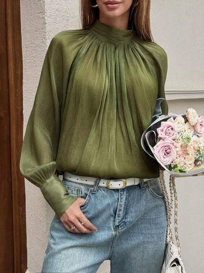 Mock Neck Lantern Sleeves Blouse - All Colors - View 1