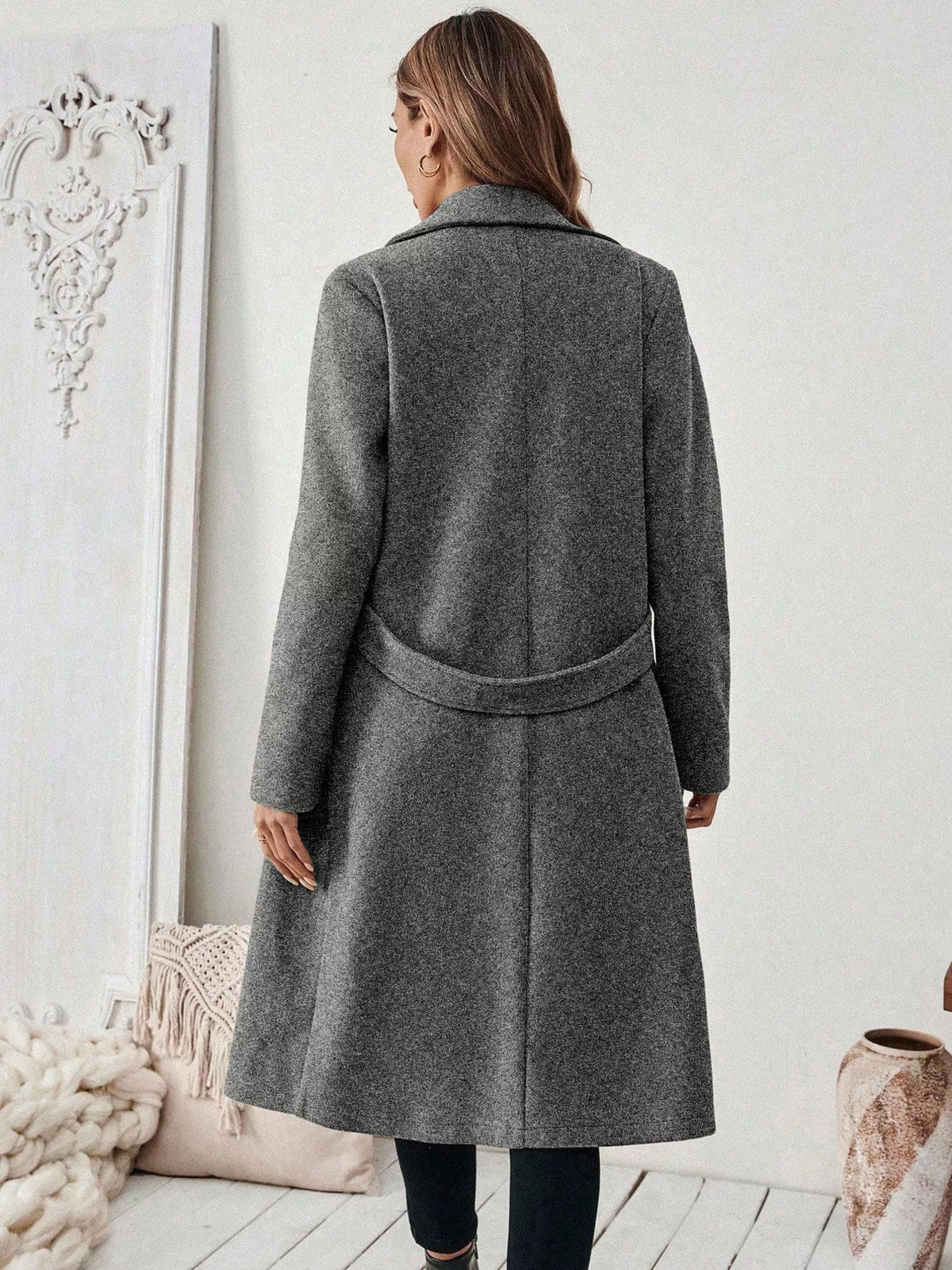 Lapel Collar Longline Coat - Dark Gray - View 5