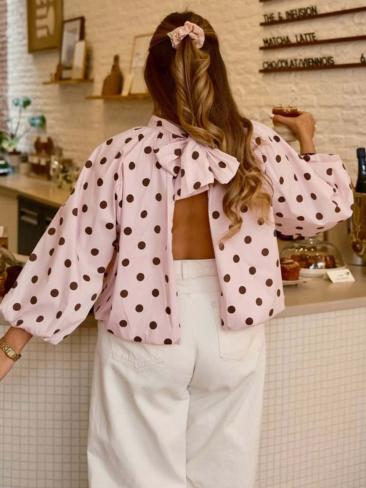 Polka Dot Open-Back Tied Blouse - Pink - View 1