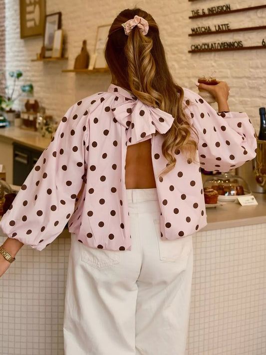 Polka Dot Open-Back Tied Blouse - Pink - View 1