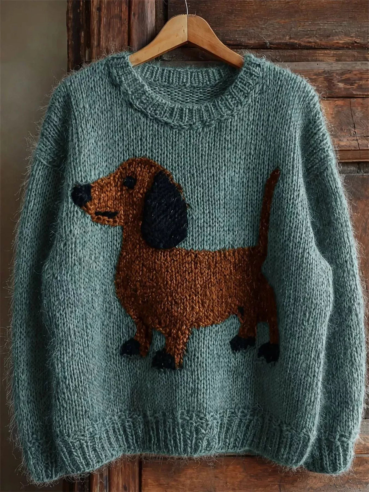 Dachshund Dropped Shoulder Sweater - Teal - View 1