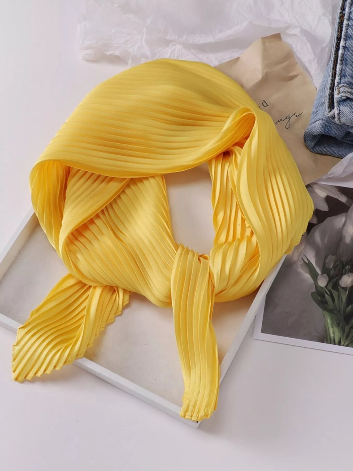 Pleated Satin Scarf - Pleated Yellow - View 1