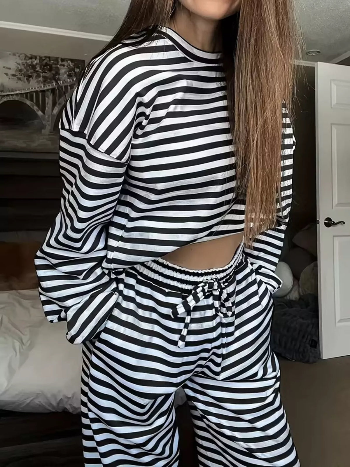 Striped Long Sleeve Top and Pants Set - Black - View 1