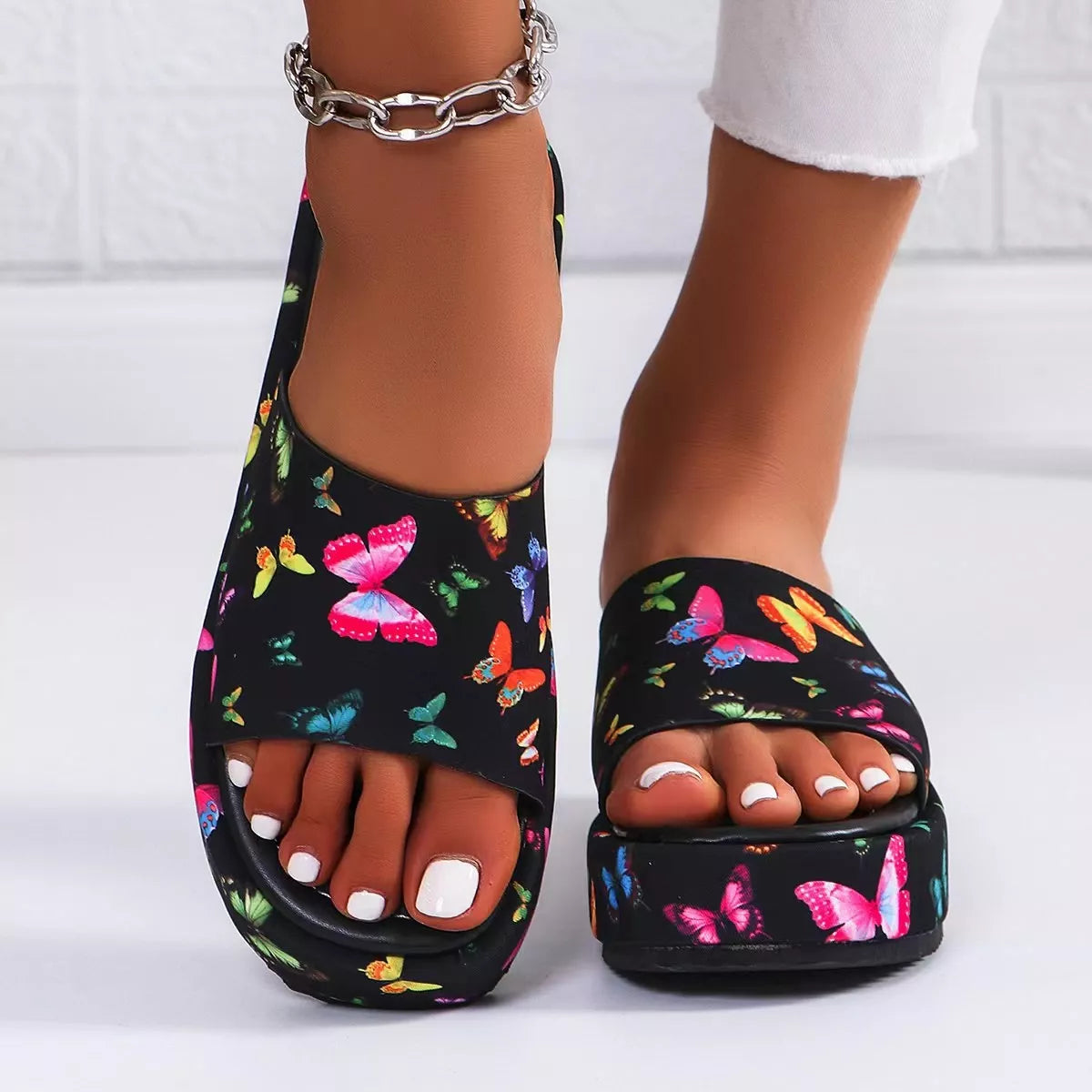 Butterfly Print Platform Sandals - Black - View 1
