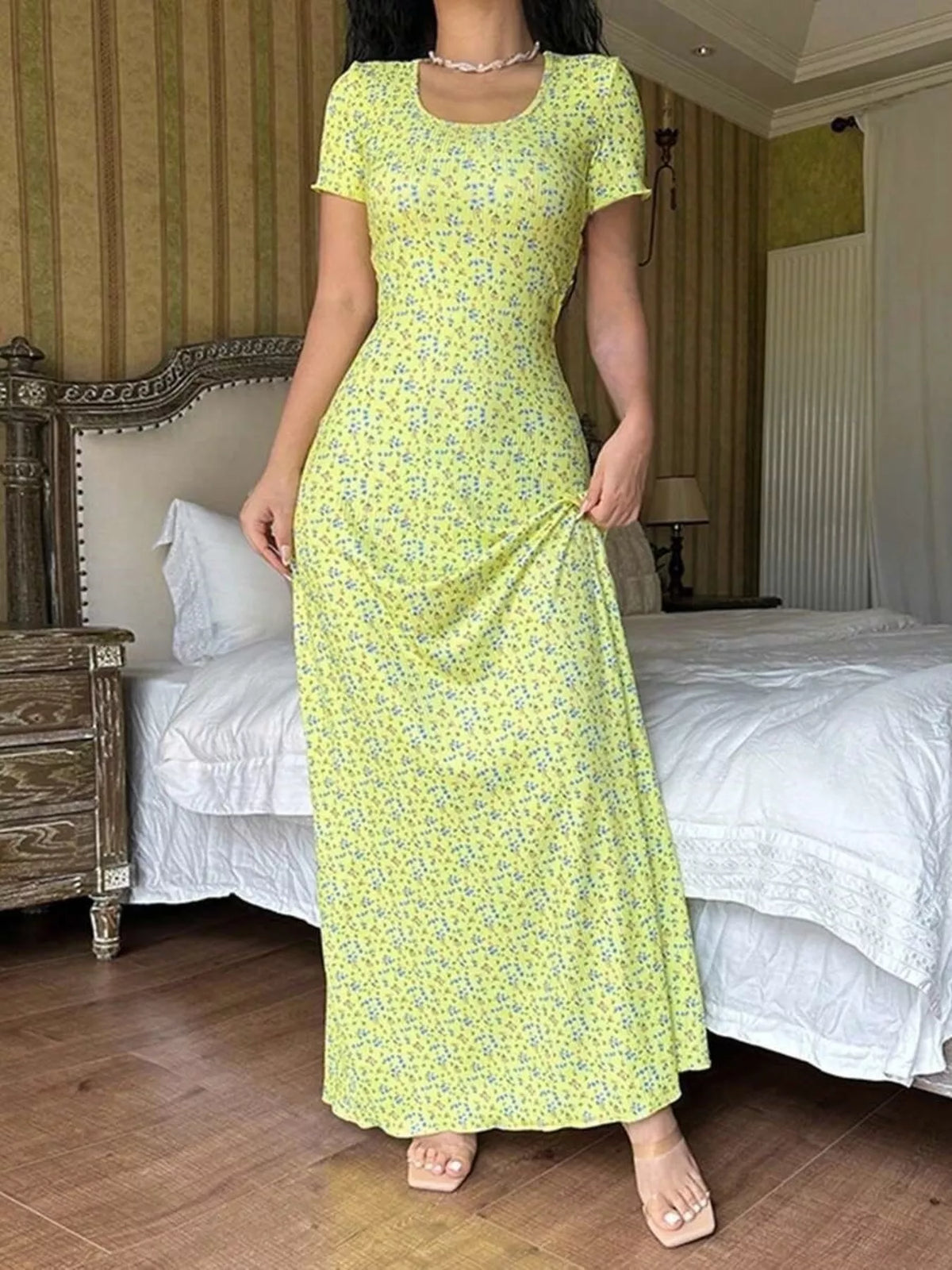 Floral Print Short Sleeve Maxi Dress - Yellow - View 4