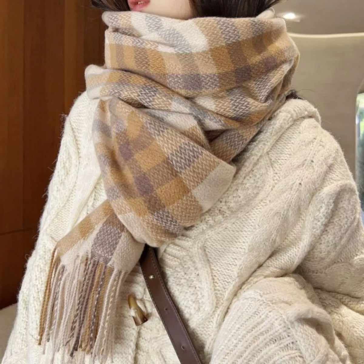 Warm Plaid Fringe Scarf - Style C - View 1