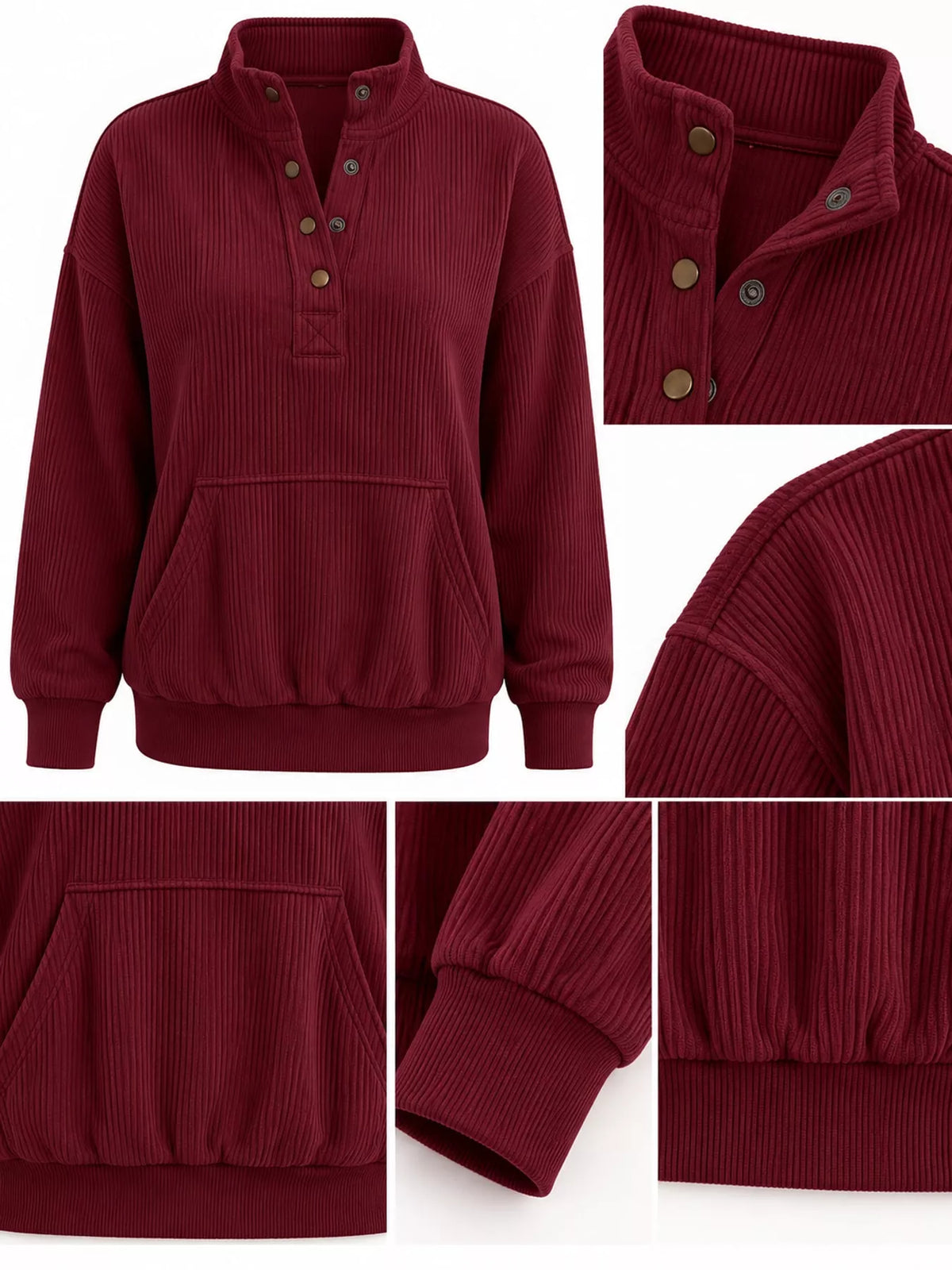 Full Size Quarter-Snap Sweatshirt with Kangaroo Pocket Plus Size - Wine Red - View 12