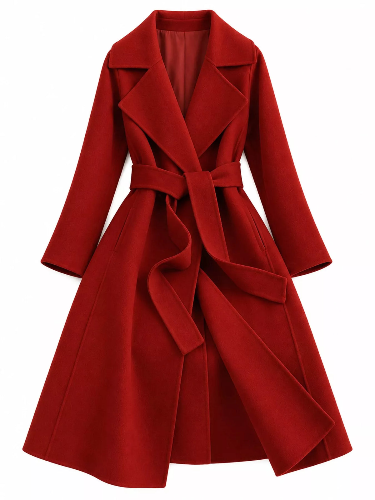 Longline Wool Coat with Waist-Defining Belt - Brick Red - View 5