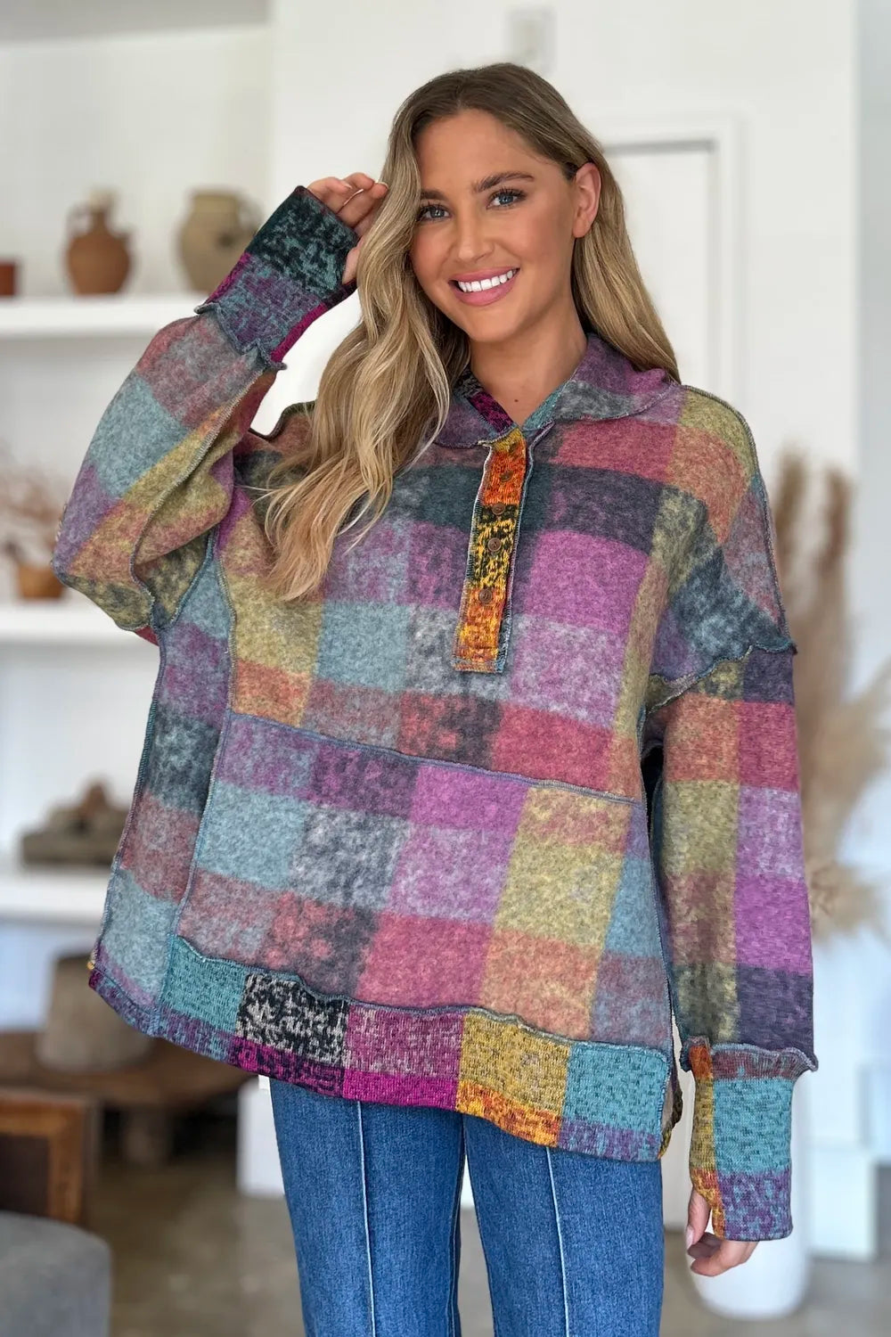 Double Take Full Size Plaid Dropped Shoulder Fleece Hoodie Plus Size - Heliotrope Purple - View 2