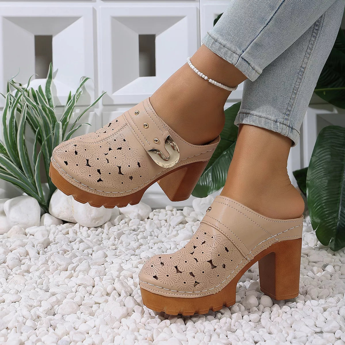 Round Toe Block Heels Sandals - Beige - View 13