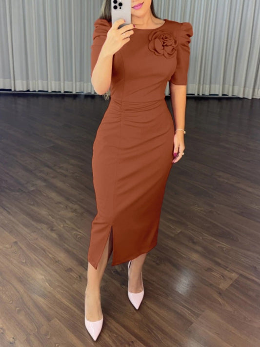 Floral Short Sleeve Ruched Bodycon Midi Dress - Light Brown - View 1