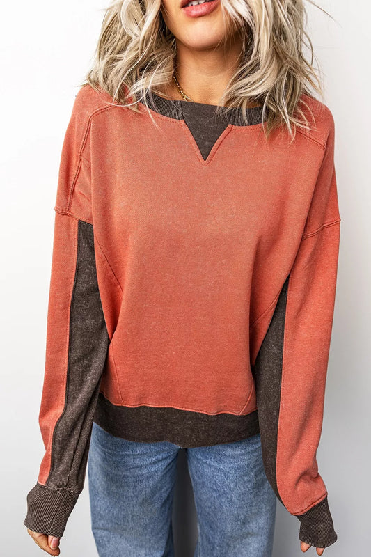 Color Block Long Sleeve Vintage Regular Fit Sweatshirt - Terracotta - View 1