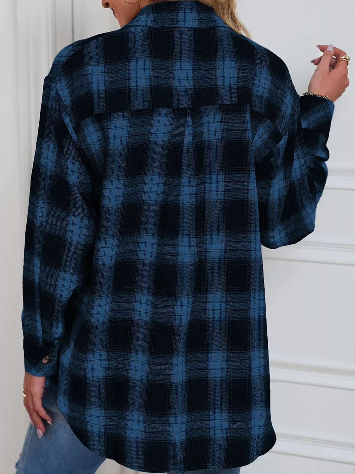 Plaid Button-Down Oversized Shirt - Blue - View 23