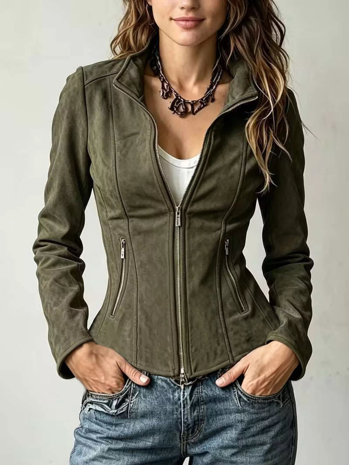 Slim-Fit Zip-Up Jacket - Army Green - View 1