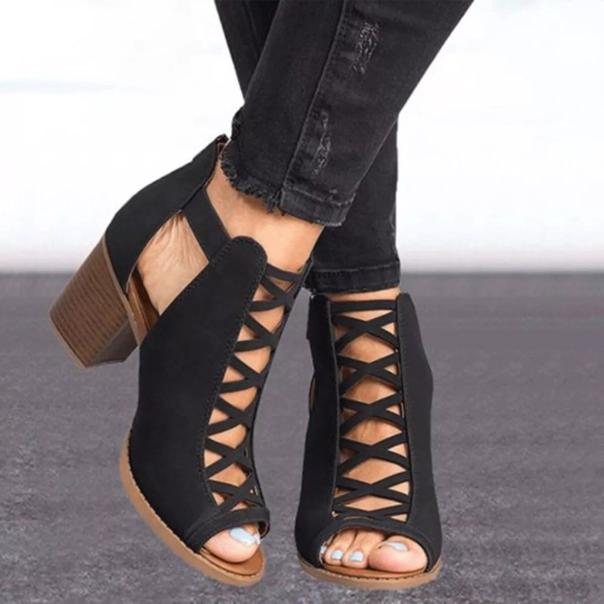 Peep Toe Block Heels Sandals - Black - View 1